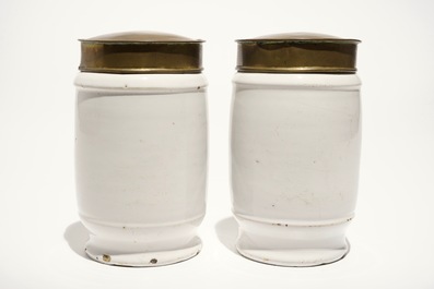 A pair of Dutch Delft blue and white albarello pharmacy jars with brass covers, 18th C.